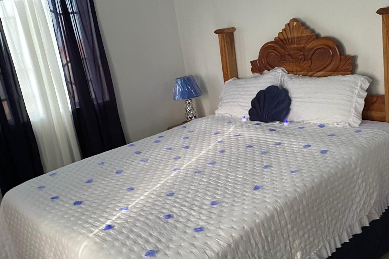 Elegant navy blue themed guest room with modern furniture and natural light.